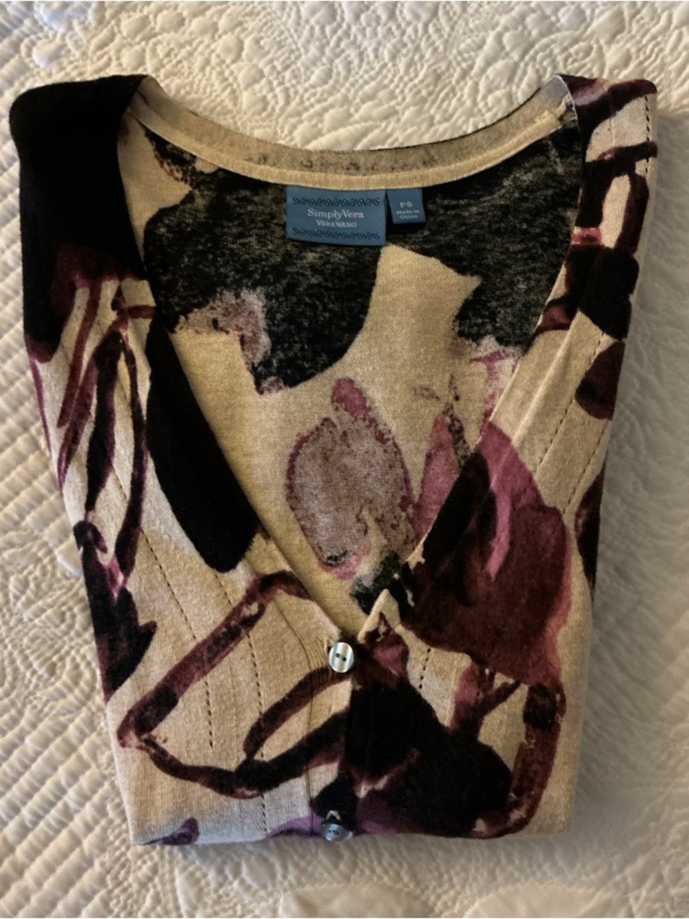 Simply Vera Vera Wang Beige, Black & Purple Floral cardigan